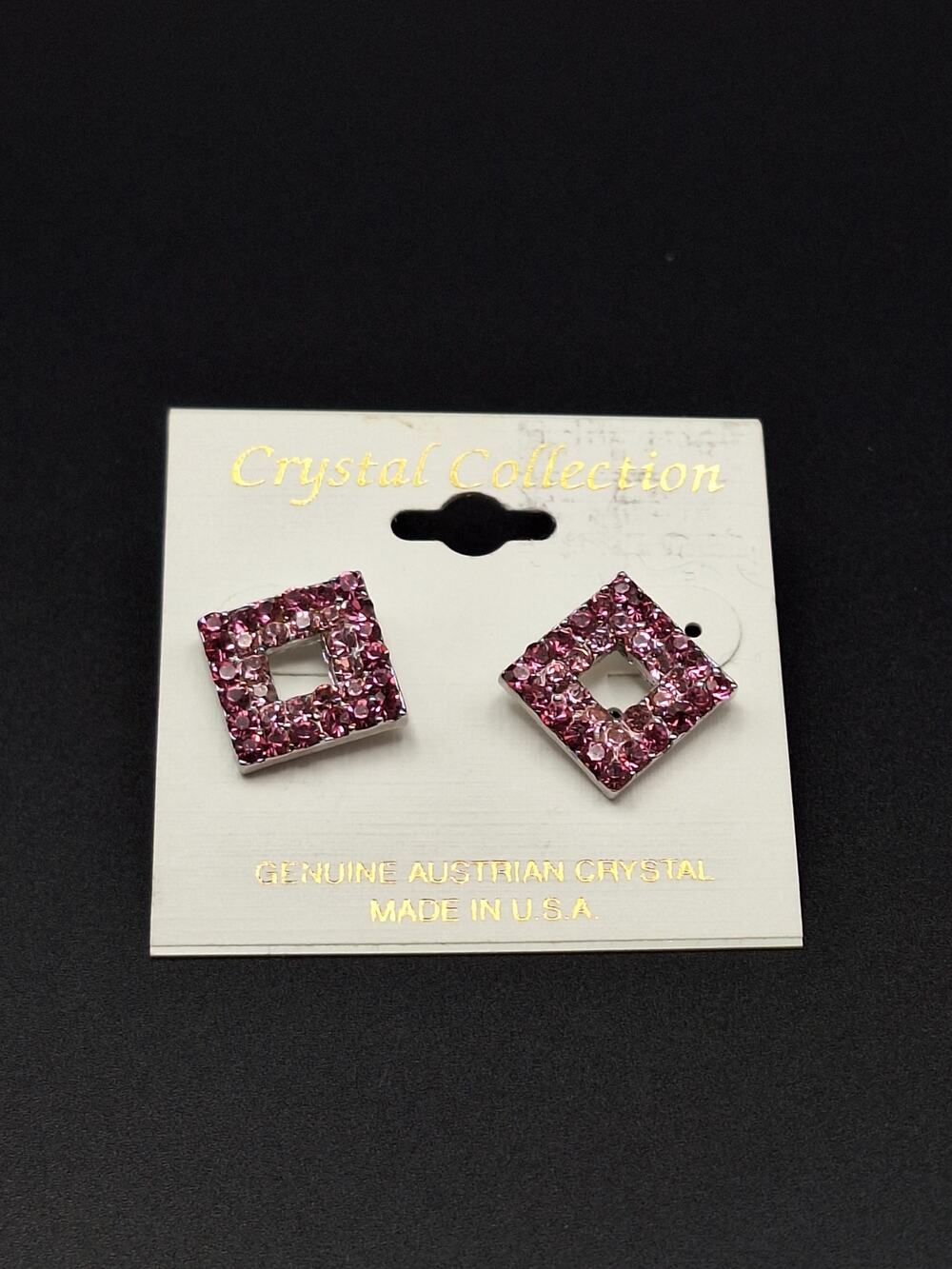 Genuine Austrian Crystal Pink Open Square Geometric Stud Earrings Made in USA